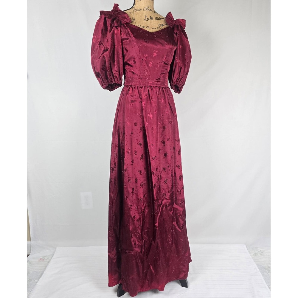 Vintage 80s Burgundy Floral Satin Jacquard Gown ILGWU Union Made Prom Dress 7-8 - Picture 7 of 16